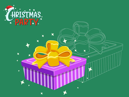 Christmas decoration Gift with Christmas Party text effects. Christmas gift, ribbon, happy new year, happy birthday. Vector illustration. Hand drawn vectorのイラスト素材