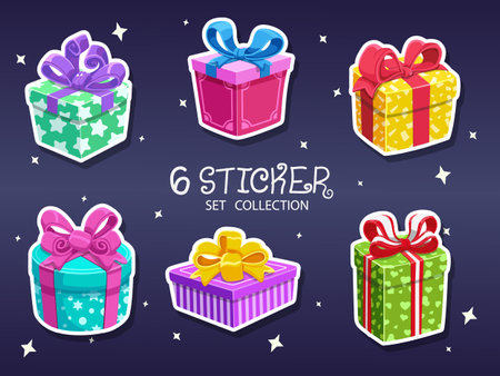 Set Of Stickers Christmas Gift. Symbol of happy new year. Christmas gift, ribbon, happy new year, happy birthday. Vector illustration. Vector card flat designのイラスト素材