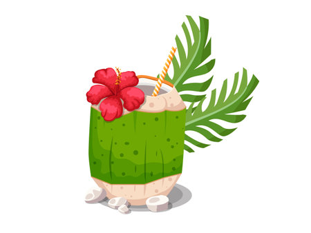 Coconut cocktail drink decorated with hibiscus flower and leaf vector. EPS 10 vector illustration. Easily edit as you wish with vector files (EPS or AI) in Illustrator, saving you a lot of time while working.のイラスト素材