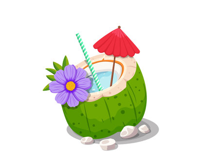 Vector coconut cartoon summer with a flower and umbrella. EPS 10 vector illustration. Easily edit as you wish with vector files (EPS or AI) in Illustrator, saving you a lot of time while working.のイラスト素材