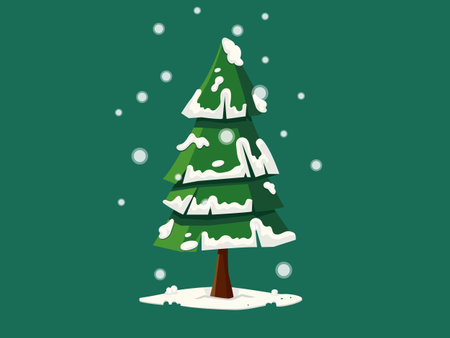 Green christmas tree with snow on the leaves. New years stock illustration vector. Winter Holiday Isolated Pines for Greeting Cards and Invitation Designのイラスト素材