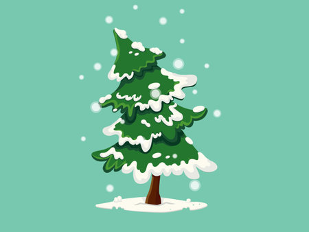 Green christmas tree with snow on the leaves. New years stock illustration vector. Winter Holiday Isolated Pines for Greeting Cards and Invitation Designのイラスト素材