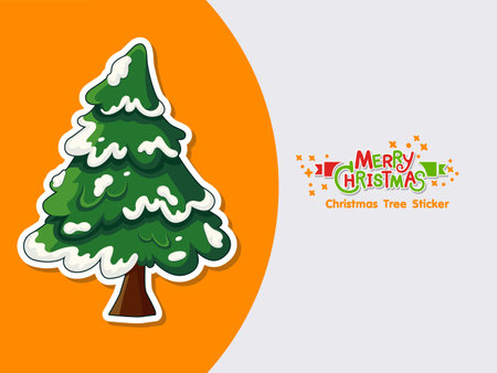 Merry christmas hand drawn christmas tree sticker with snow on the leaves. Illustration vector. Winter Holiday Isolated Pines for Greeting Cards and Invitation Designのイラスト素材