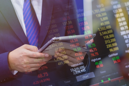 Double Exposure Statistic index Graph of Stock Market Financial Indicator Data Businessman.の写真素材