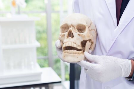 Scientist holding a skull in his hands.の写真素材