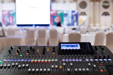 Professional Audio Sound Mixing Console Faders in seminar room.のeditorial素材