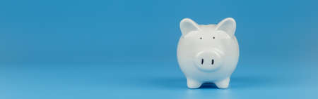 White piggy bank ceramic on blue background, copyspace. object savings money. investment future...