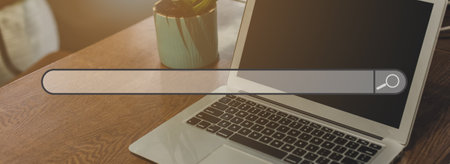 Search browsing internet data information with computer laptop on table at workplace, Search icons....
