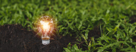Light bulb with light flare on over soil ground. eco innovation environmental and creative concepts. copy space banner.の写真素材