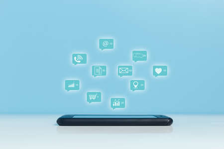 Mobile phone or smartphone with notification social media icons, email, shopping, telephone,...