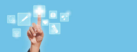 hand finger pushing button healthcare medical icons blue background. connnect  health and care...
