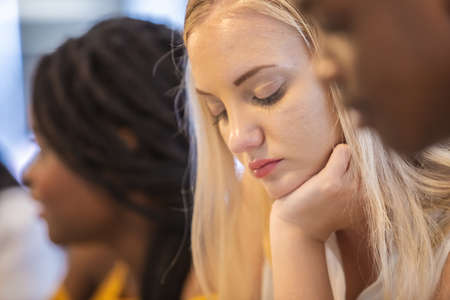 close up face of beautiful caucasian woman with blond hair.の写真素材