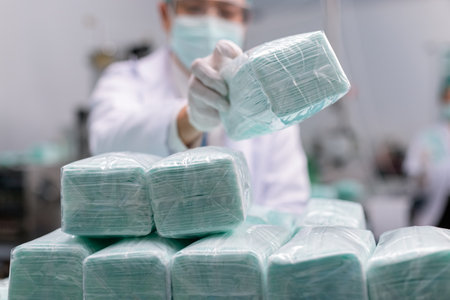 Worker holding package sorting face mask in production factory.の写真素材