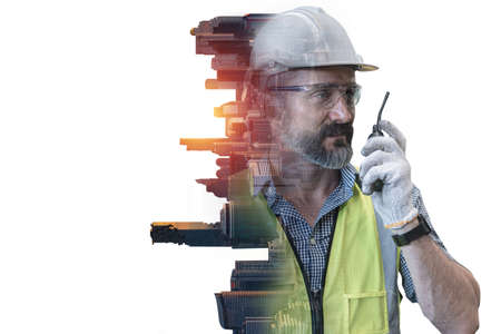Double exposure image of man engineer overlay with building architecture cityscape. creation city concept.の写真素材