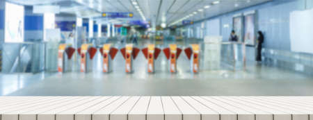 white metal shelves with blurred subway station background. use for product advertise. business comcept.の写真素材