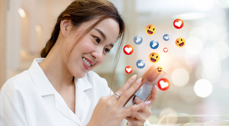 woman using smartphone with social media icons. Online digital communication connection information...