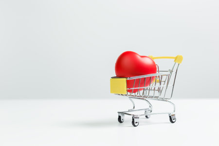 Red heart in shopping cart on white background. love and health concept. gift object romantic greeting happy.の写真素材