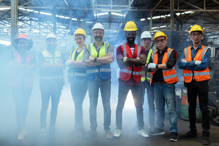 Group of various nationalities engineer professional successful team corporate workers standing in factory with smoke. teamwork technician inspector manufacturing industry workplace.の写真素材