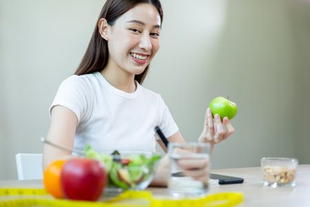 happy females smiling holding apple take note of diet day weight counting calories. eating and health care concept.の写真素材