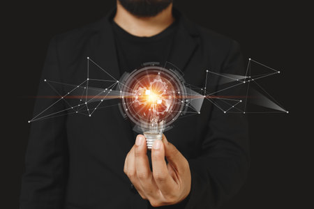 Businessman holding light bulbs. creative innovation technology. thinking creativity, power vision...
