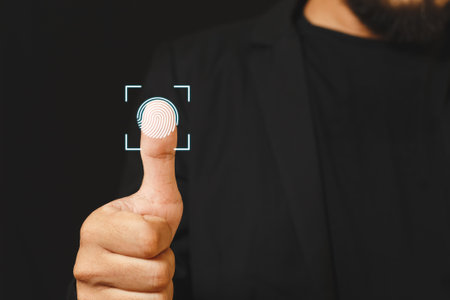 Businessman fingerprint digital scanner. security electronic password code. thumbprint sensor.の写真素材