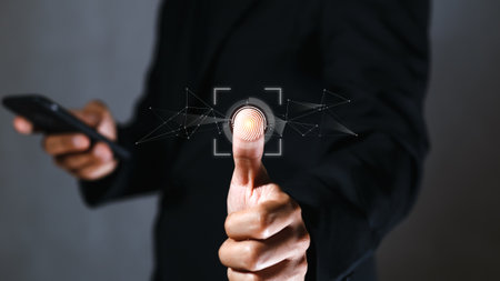 Businessman fingerprint digital scanner. security electronic password code. thumbprint sensor.の写真素材