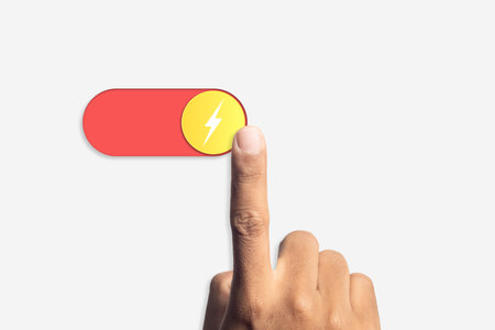 Hand pressing button power switch on and off. sign symbol of energy technology electric, click button control system electronic. Start or Stop power.の写真素材