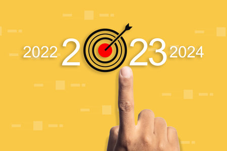 Hand point of pointing arrow target icon growth success business year 2022 to 2023 and 2024....