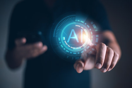 Hand point finger AI future cyber technology digital futuristic. AI virtual innovation concept. digital internet automatic smart device communication.の写真素材