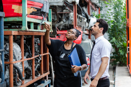 Female African American car auto parts owner introduces products in stock to man customers in factory auto parts. business warehouse motor vehicle.の写真素材