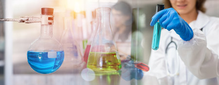 Double exposure women scientist research and test in laboratory with microscope for scientific research, biotechnology science concept.の写真素材