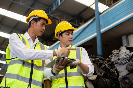 Team engineers, Worker wear uniform and helmet talk and using tablet checking engine parts in warehouse. workplace factory industrial heavy machine.の写真素材