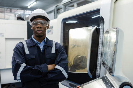 Portrait of Male African American engineer workers standing crossed arms in manufacturing factory workplace. professional technician production at factory.の写真素材