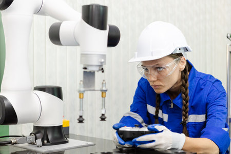 female technician engineer using remote control automation robotics at industrial modern factory....