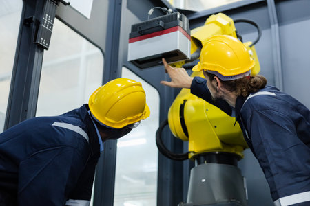 engineering and technician working together checking condition of control robotic arm. engineer check part robotic machine at factory. automation software repair of robot arm.の写真素材