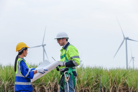 Team engineer of wind turbine worker pointing holding blueprint working about renewable energy at station energy power wind. technology protect environment reduce global warming problems.の写真素材