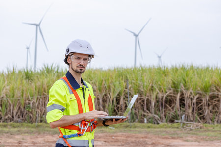 Man engineer of wind turbine worker using laptop working about renewable energy at wind farm. energy...