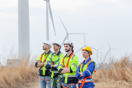 Teamwork engineer wearing safety uniform standing crossed arms at wind turbine field renewable energy. technology protect environment reduce global warming problems. alternative energy concept.の写真素材