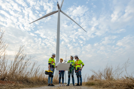 Teamwork engineer worker wearing safety uniform holding and reading blueprint at wind turbine field renewable energy. technology protect environment reduce global warming problems.の写真素材