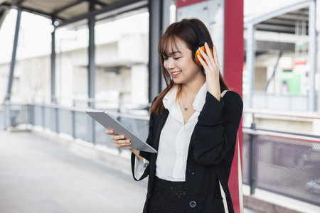 Attractive young woman in black suit holding tablet wearing headphone smiling looking a camera standing at public places. Lifestyle people technology concept. Female student outside university.の写真素材