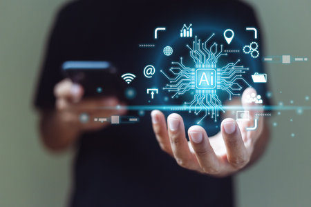 Man holding AI connection network data. business information development, technology digital future....