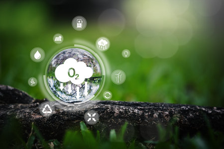 O2, Oxygen is a gas important to life of both plants humans and animals. Because body lacks oxygen for just few minutes. energy and environmental concept. Nature tree oxygen cloud.の写真素材