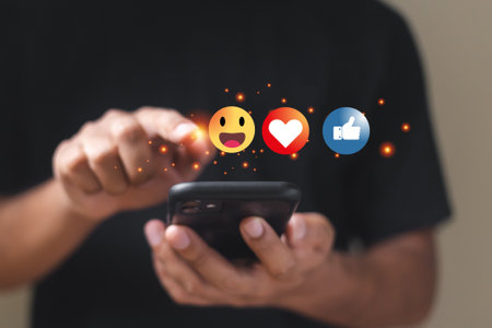 Online digital communication connection information with mobile phone. man using smartphone with...