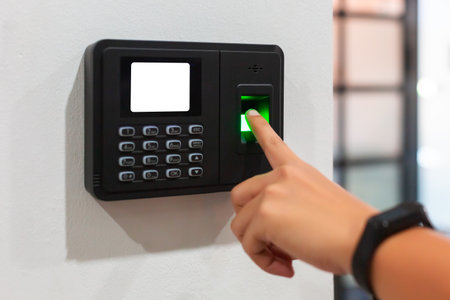 Scan your finger to work or open door to enter office with white display. Thumbprint  password...