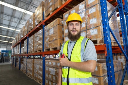 portrait of man have a beard face wearing safety uniform looking at camera standing in warehouse factory. Male professional worker check stock inspecting goods on shelves in warehouse.の写真素材