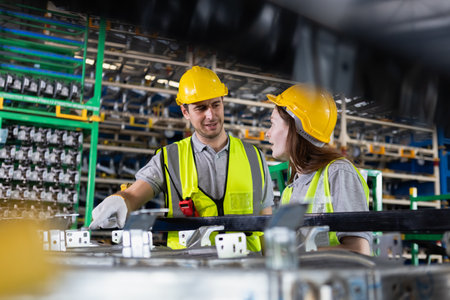 Male and Female worker inspect goods auto parts on shelves in warehouse. logistic import export auto...