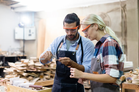 Worker carpenter or craftsman working wood design at workplace. Measuring dimensions of woodwork. wooden small business factory.の写真素材