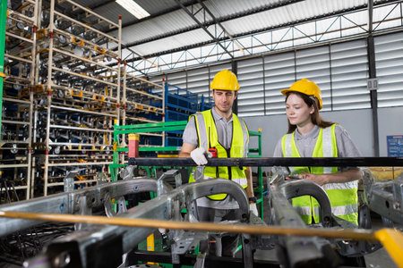Male and Female worker inspect goods auto parts on shelves in warehouse. logistic import export auto parts. Checklist stock product in storage for logistic.の写真素材