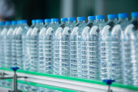 Drinking water plant. Selective focus water bottles on production line of factory. Process of filling water into plastic bottles to bring out to consumersの写真素材