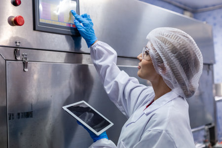 Female worker using tablet checking quality drinking water management system before process of...
